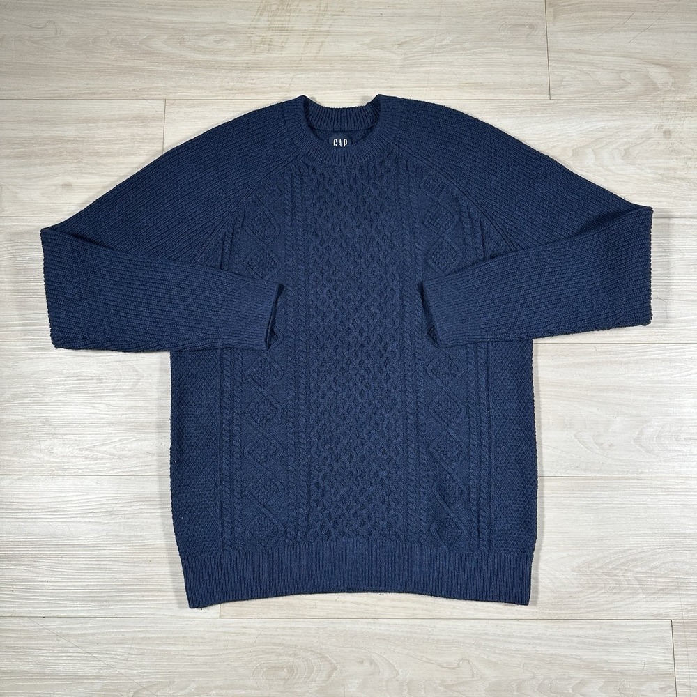 GAP Fisherman Cable Knit Sweater Men's Size M Navy Crewneck Cotton Blend Preppy